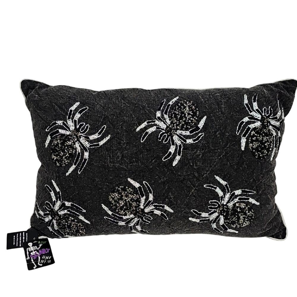 Boo Scary Trick or Treat Black Pillow w/Beaded and Embroider Spider Design (NWT)
